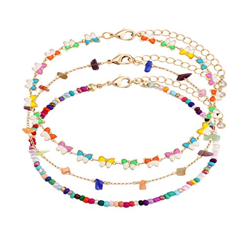 Boho Beaded Ankle Bracelet Beach 18 K Gold Plated Anklet Bracelets Handmade Colorful Seed Beads Butterfly Evil Eye Heart Link Chain Anklet Pack Cute Summer Foot Jewelry for Women - style: beaded ankle bracelet D set