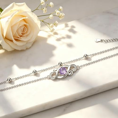 Dorunmo Birthstone Infinity Love Bracelet for Women 925 Sterling Silver Sparkling Gemstone Double Layered Adjustable Bracelets Birthday Jewelry Gifts for Mom Women - color: 06-Light Violet