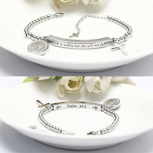 DS Inspirational Bracelet for Women Christian Engraved Bibler Verse Cross Butterfly Daisies Charm Bracelet, Exquisite Stainless Steel Jewelry Daughter Best Friend Bestie - style: God is Within Her She Will Not Fall-Silver