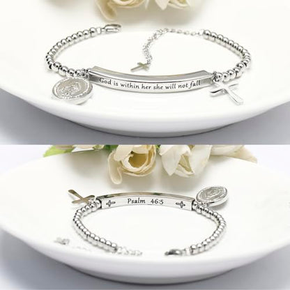 DS Inspirational Bracelet for Women Christian Engraved Bibler Verse Cross Butterfly Daisies Charm Bracelet, Exquisite Stainless Steel Jewelry Daughter Best Friend Bestie - style: God is Within Her She Will Not Fall-Silver