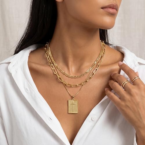 Cross Necklace for Women Girls, 14K Gold Plated Dainty Pendant Necklaces Set, Cute Trendy Faith Christian Religious Everyday Jewelry Gifts Aesthetic Accessories Non Tarnish