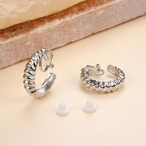 Gold Clip on Earrings for Women 14K Gold Plated Chunky Clip on Hoop Earrings 9 Pairs No Piercing Fake Earrings Set - color: Silver Tone