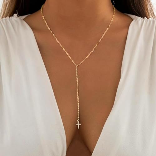 Dochais Dainty Gold Layered Necklace for Women, 14K Gold Plated Y Necklace & Chain, Dainty Lariat Long Necklaces, Trendy Cubic Zirconia Choker, Sun, Heart, Pearl & Cross Pendant Necklace, Jewelry Gift - color: Y Layered Cross Pendant Lariat-GD