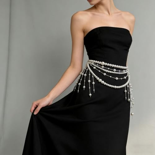 Multi Layered Pearl Waist Chain Belt Elegant White Pearl Belly Chain with Tassel Pendant Stylish Belt Hip Body Chain for Festival Rave Party Wedding Bridal Dress Sweater Jeans Decor Accessories