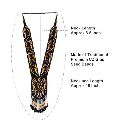 Long Beaded Necklace – Boho Native Handmade Seed Bead Tassel Necklace, Bohemian Large Statement Beaded Necklace for Women - color: Black-Light Orange