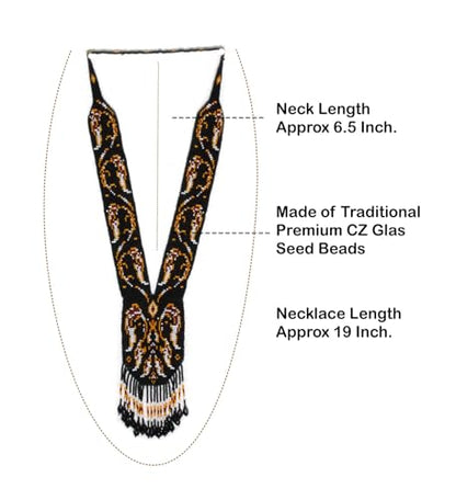Long Beaded Necklace – Boho Native Handmade Seed Bead Tassel Necklace, Bohemian Large Statement Beaded Necklace for Women - color: Black-Light Orange