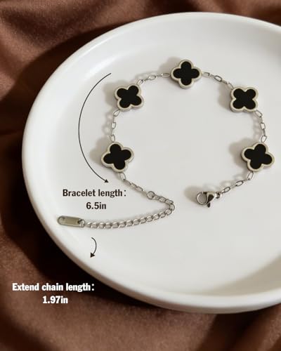 Four Leaf Clover Bracelet 18K Gold Plated Bracelets for Women Lucky Flower Design Stainless Steel Hypoallergenic Link Chain Adjustable Dainty Trendy Jewelry Gifts for Women - color: Silver Black