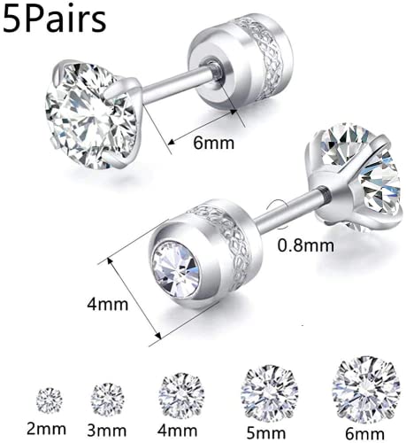 5 Pairs Titanium Screw Back Stud Earrings Set for Sensitive Ears, Hypoallergenic Surgical Stainless Steel Double Sided Round Cubic Zirconia Earrings for Women Men - color: 5pcs silver stud set