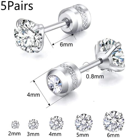 5 Pairs Titanium Screw Back Stud Earrings Set for Sensitive Ears, Hypoallergenic Surgical Stainless Steel Double Sided Round Cubic Zirconia Earrings for Women Men - color: 5pcs silver stud set