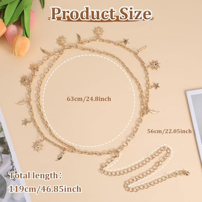 Gold Waist Chain, Sun Moon Star Waist Chain | Decorative Metal Belt for Women Jeans Pants Dresses - Fits Size 23-45 inch