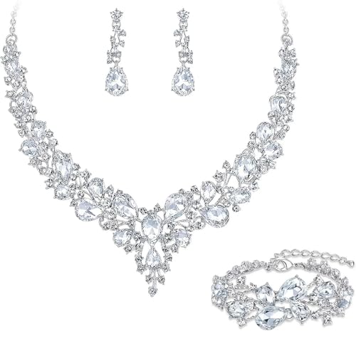 Crystal Bridal Jewelry Set, Floral Statement Necklace, Earrings, Bracelet, Wedding Accessories - color: White