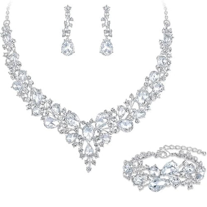 Crystal Bridal Jewelry Set, Floral Statement Necklace, Earrings, Bracelet, Wedding Accessories - color: White