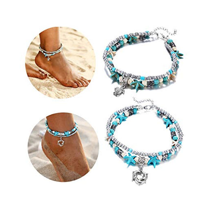 Softones Blue Starfish Turtle Anklet Multilayer Charm Beads Sea Handmade Boho Anklet Foot Jewelry for Women - style: F:2pcs Turtle Dolphin