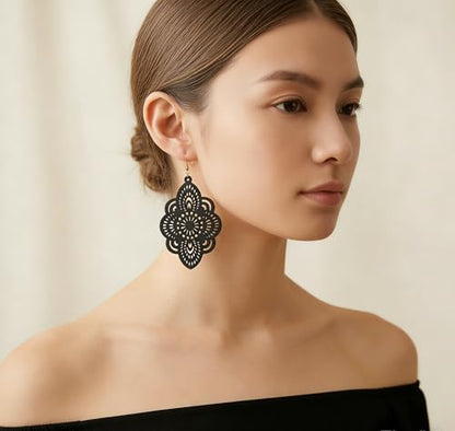 Boho Black Filigree Dangle Earrings for Women, Lightweight Hollow Lace Drop, Wood, 3.34" x 1.69", Bohemian Jewelry - color: Black