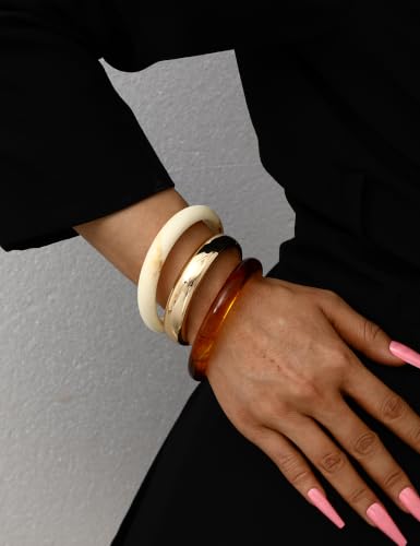 Chunky Gold Bangle Bracelets for Women, Dainty 14k Gold Plated Big Stackable Bangles Set, Trendy Statement Cuff Bracelet Stack Fashion Jewelry Gifts - style: 3 Brown resin bangles