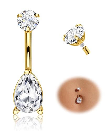 Tungary G23 Titanium Belly Button Rings for Women 14G Internally Threaded | Hypoallergenic Long Navel Piercing Jewelry, 3/8" Implant Grade Dangle Belly Button Piercing, 5A CZ, with Vacuum PVD Finish - color: Teardrop: 14K Gold Plated
