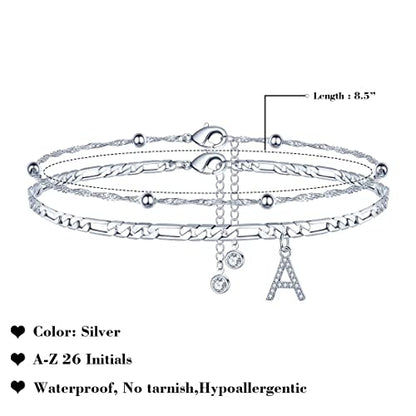 Ankle Bracelets for Women, 14K Gold Plated Dainty Layered Chain CZ Initial Anklets Summer Jewelry Gifts for Women - style: A-Silver