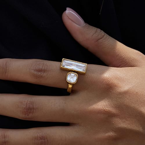 Cubic Zirconia Square Gold-Tone Statement Ring for Women Hypoallergenic Stainless Steel Adjustable Stackable Charm Geometric Open Band Wrap Finger Rings Comfort Fit Fashion Holiday Party Prom Jewelry