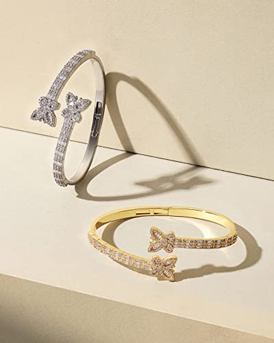 LuxeFlex Iced Out Diamond-Studded Butterfly Cuff Bracelet for Women, Men, and Teen Girls - 14K Gold Plated Bangle with Baguette CZ Stones, Perfect Birthday or Graduation Jewelry Gift for Best Friends - color: Butterfly/Silver