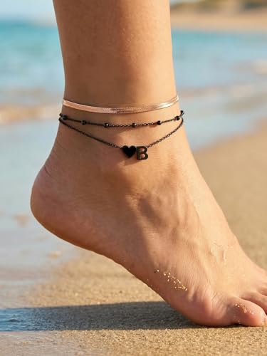Ankle Bracelets for Women Waterproof 14K Gold/Silver/Black Initial Anklet for Women Dainty Layered Heart Ankle Bracelets Stainless Steel Adjustable Foot Chain Anklet Summer Beach Jewelry - color: B-Black