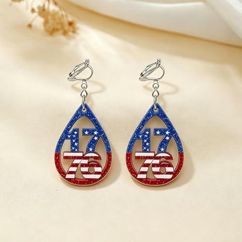 4th of July Independence Day Clip on Earring for Women American Flag Dangle Earrings Patriotic Red White Blue USA Earring, Pave Crystal Stud - color: blue water droplet