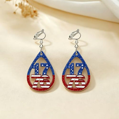 4th of July Independence Day Clip on Earring for Women American Flag Dangle Earrings Patriotic Red White Blue USA Earring, Pave Crystal Stud - color: blue water droplet