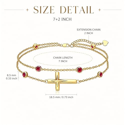 Midari 18K Yellow Gold Gemstone Birthstone Anklet Bracelet Cross Jewelry with 12 Months Birthstone Birthday Gifts for Women Wife Her Daughter Mom - color: 07-Jul-Ruby, size: Bracelet 7"-9"