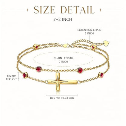 Midari 18K Yellow Gold Gemstone Birthstone Anklet Bracelet Cross Jewelry with 12 Months Birthstone Birthday Gifts for Women Wife Her Daughter Mom - color: 07-Jul-Ruby, size: Bracelet 7"-9"
