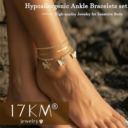 21PCS Gold Ankle Bracelets for Women, Boho Shell Bead Cuban Link Chain Waterproof Gold Anklets Set, Adjustable Layered Anklets for Women Beach Jewelry Gift - color: Gold