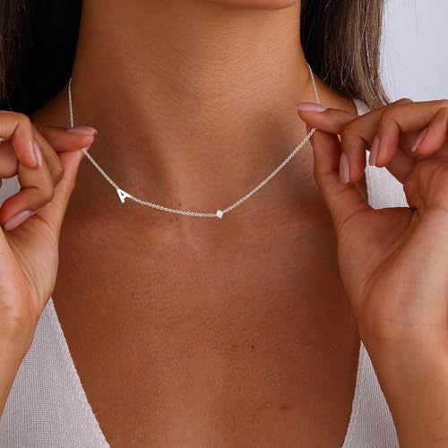 Gold Necklace for Women, Dainty Initial Necklace 14K Gold Plated Dainty Sideways Letter Necklace Personalized Gold Necklace Simple Initial Choker Necklaces for Women Trendy Jewelry Gifts - color: Silver, style: M