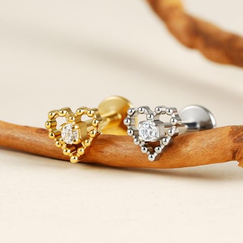 Hollow Heart Piercing Jewelry Collection - ASTM F136 Titanium Internally Threaded Flat Back Stud for Cartilage, Helix, Conch - color: Beaded heart - Tit