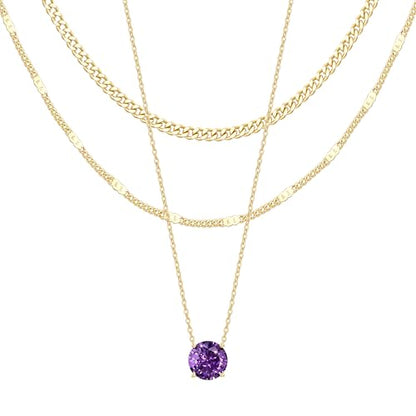 WomenGifts Layered Gold Necklaces for Women, 14K Gold Sterling Silver Plated Dainty Pendant Necklace Set Non Tarnish, Chunky Stackable Cuban Chain Choker, Trendy Birthstone Vacation Jewelry Gift - color: Gold, style: Cubic Zirconia-Created Amethyst-Feb