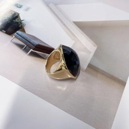 Chunky Square Crystal Glass Stainless Steel Statement Ring for Women Men Gold-Tone Plated Exaggerated Large Geometric Green Cubic Zirconia Finger Band Knuckle Rings Cocktail Prom Fashion Jewelry - color: Blue