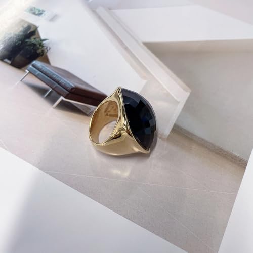 Chunky Square Crystal Glass Stainless Steel Statement Ring for Women Men Gold-Tone Plated Exaggerated Large Geometric Green Cubic Zirconia Finger Band Knuckle Rings Cocktail Prom Fashion Jewelry - color: Blue