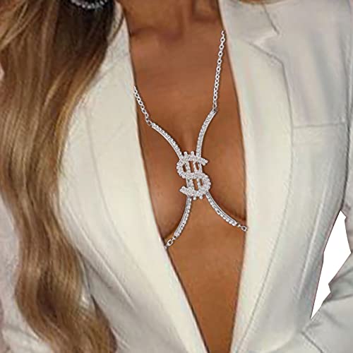 Rhinestone Chest Bracket Chain Crystal Dollar Sign Chest Chain Summer Bra Body Chain Sexy Bikini Waist Body Jewelry for Women