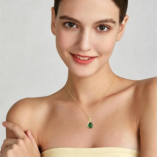Infinity Birthstone Necklace for Women, Gold Plated Teardrop Cubic Zirconia Pendant, Created Gemstone Twist Necklace for Birthday, Her, Mom, Friend - color: Emerald-green-May