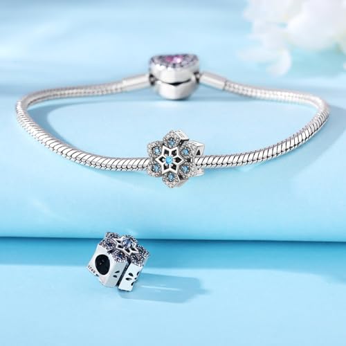 925 Sterling Silver Charms Bead for Bracelets Necklaces, Star Moon Crescent Sun Solar Pendent, Blue Ocean Starfish Shells Turtle Crab Starry Sea Cute Jewelry Birthday Gifts for Women Men - style: Blue Snowflake Bead Charms