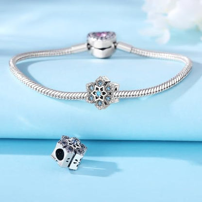 925 Sterling Silver Charms Bead for Bracelets Necklaces, Star Moon Crescent Sun Solar Pendent, Blue Ocean Starfish Shells Turtle Crab Starry Sea Cute Jewelry Birthday Gifts for Women Men - style: Blue Snowflake Bead Charms