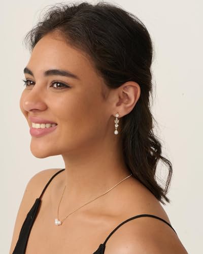 Pearl Earrings - 14K Gold/White Gold/Rose Gold Plated Cubic Zirconia CZ Diaomond Accented Pearl Drop Dangle Earrings for Women Wedding Bridal Prom - color: Rose gold Leaf Dangle