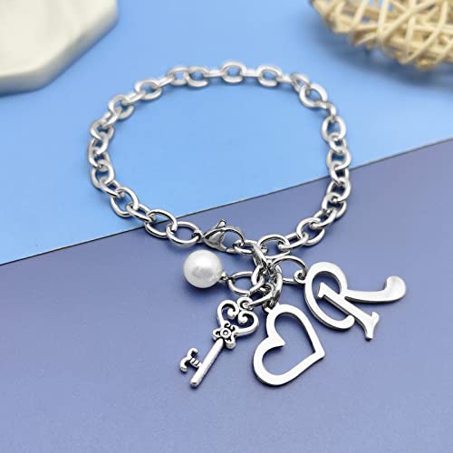 Initial A-Z Bracelets Gift for Women Girls Stainless Steel Chain Bracelet 26 Alphabet Jewelry Gifts for Birthday Anniversary Letter Bracelet Monogram Gifts for Sister Friend Girlfriends Mom 8.26 Inch - color: R