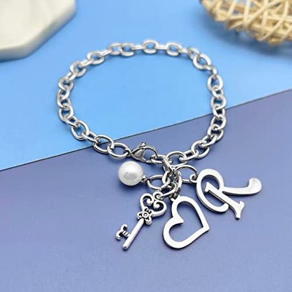 Initial A-Z Bracelets Gift for Women Girls Stainless Steel Chain Bracelet 26 Alphabet Jewelry Gifts for Birthday Anniversary Letter Bracelet Monogram Gifts for Sister Friend Girlfriends Mom 8.26 Inch - color: R