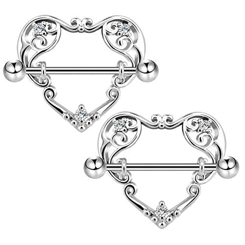 14G Heart Nipple Rings for Women Surgical Steel CZ Nipple Piercings Nipple Barbells Nipple Bars Gold Silver Rose Gold - color: Silver