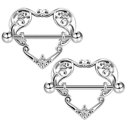 14G Heart Nipple Rings for Women Surgical Steel CZ Nipple Piercings Nipple Barbells Nipple Bars Gold Silver Rose Gold - color: Silver