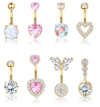 Dochais Pink Heart Belly Button Ring Piercing 8Pcs 14G Surgical Stainless Steel Navel Piercing Hypoallergenic Cute Created-opal Butterfly Belly Button Rings for Women - color: Gold