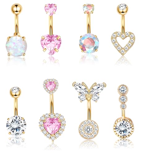 Dochais Pink Heart Belly Button Ring Piercing 8Pcs 14G Surgical Stainless Steel Navel Piercing Hypoallergenic Cute Created-opal Butterfly Belly Button Rings for Women - color: Gold