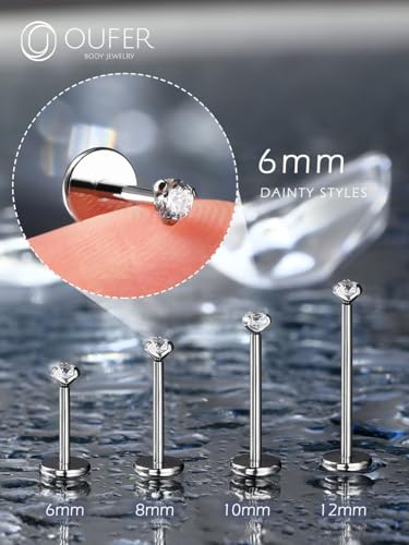 OUFER 2PCS Nose Piercings, G23 Solid Titanium Threadless Nose Rings 20G, Clear Tiny CZ Nose Stud Flat Back Nose Nostril Piercing Jewelry for Women Men - size: 2mm CZ_20g 6mm