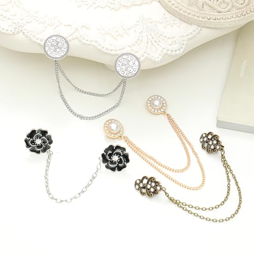Vintage Sweater Shawl Clip Chain Antique Retro Cardigan Dress Cloak Collar Lapel Brooch Pin With Hanging Chain Rose Flower Leaf Pearl CZ Shirt Suit Holder Clasp Accessories Gift for Women Men