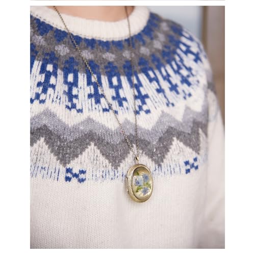 Vintage Photo Locket Necklace Handmade Pressed Flower Locket Necklace for Women - style: Forget Me Not(1.53"x 1.85")