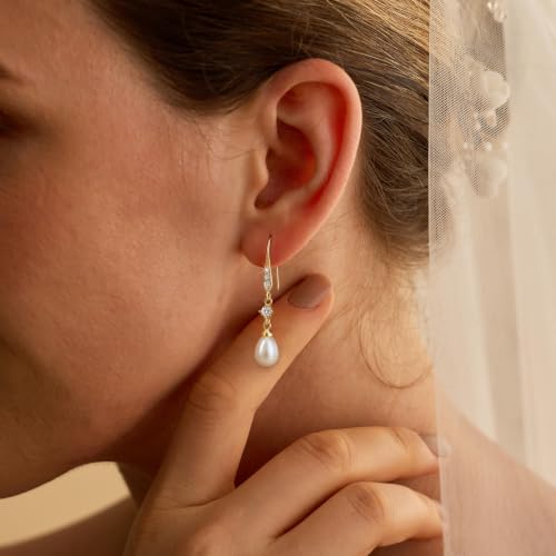 Plenky Pearl Earrings-14K Gold Plated Dainty Pearl Drop Simple Wedding CZ Dangle Dangling Cute Stud Earrings for Brides Earrings for Women Gifts - style: G-CZ Hook Pearl Earrings