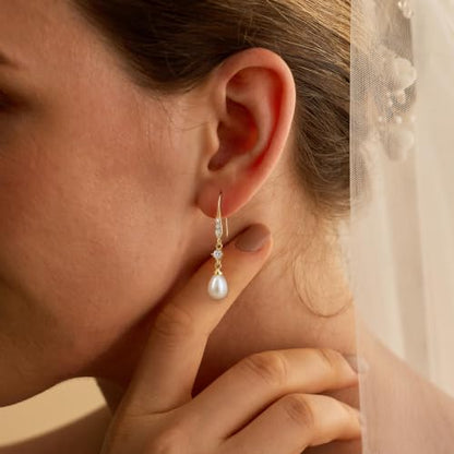 Plenky Pearl Earrings-14K Gold Plated Dainty Pearl Drop Simple Wedding CZ Dangle Dangling Cute Stud Earrings for Brides Earrings for Women Gifts - style: G-CZ Hook Pearl Earrings